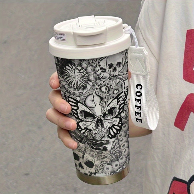 A 17.92oz Creepy Red Green Element Pattern Coffee Cup, Portable Dual Drink Thermos, Insulated/Cold Water Cup, Cool, Trendy, Cold/Hot Drink Cup, Suitable for Office, Travel, Sports/Outdoor Essentials, Basketball, Golf, Basebal