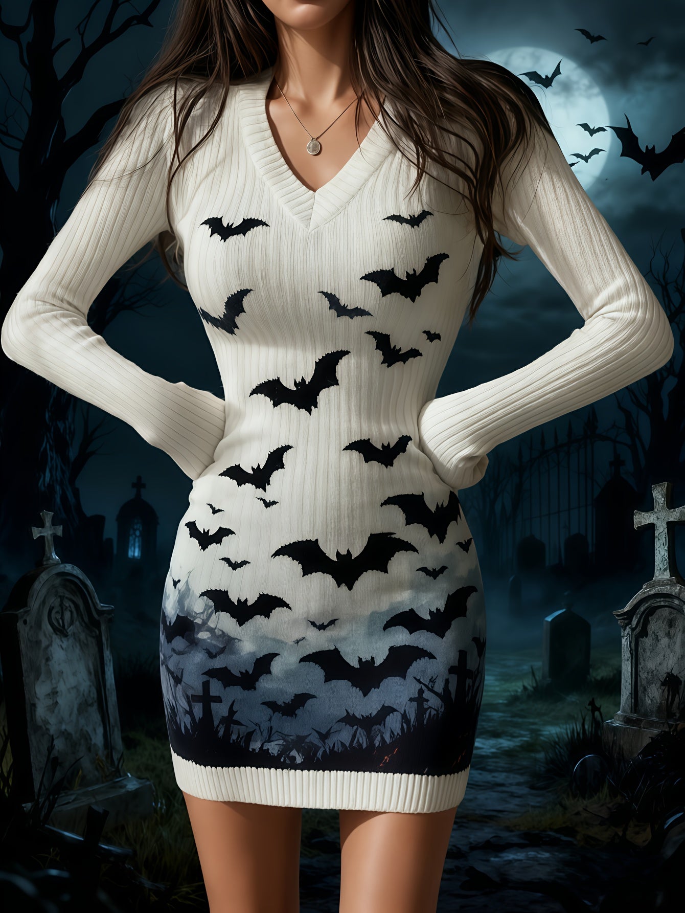 Women'S Gothic Bat Print V-Neck Long Sleeve Slim-fit dress - Elegant party & Everyday Outfit - Fall/Winter Formal Casual Dress - Non-See-Through Fabric - Halloween Costume - Easy-to-Wear Chic Attire, Winter Wardrobe, Fall Fas