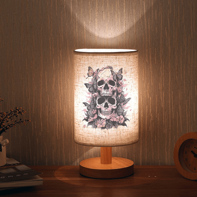 [Skull Table Lamp] Nordic Wooden Base Skull & Floral Print Table Lamp | LED Light, USB Powered, Push Button Control, Ideal for Bedroom, Office, or Home Decor, Gift Item