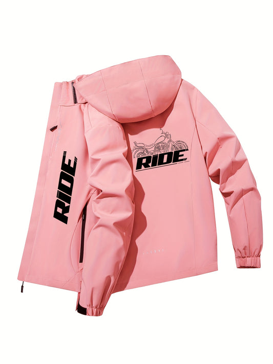 Women'S Windproof Motorcycle Jacket - Lightweight Windproof Coat with Full-Zip Closure, Hooded Neck, Zippered Pockets - Pink Riding Jacket for Motorcycling, Cycling, Commuting - Spring/Fall Outerwear for Women Riders, Motorcy