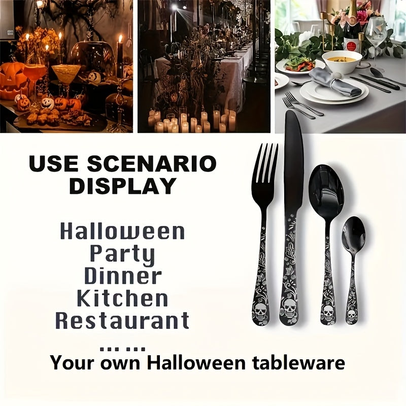 16/24pcs Gothic Design Cutlery Service for 4/6/8, Premium Stainless Steel Flatware Includes Spoon Fork And Knife, Cool Silverware with Skull&Rose Pattern, Nice Gift for Dark&Rock Lover/Halloween/Day of The Dead/Cinco De Mayo/