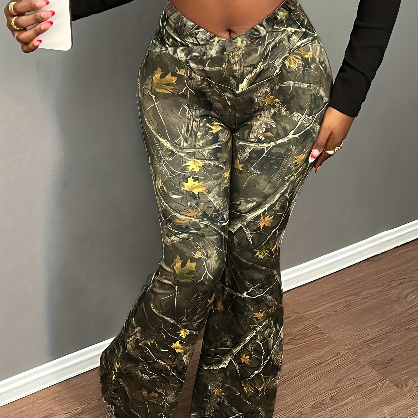 Women'S Plus Size Camouflage Print Skinny Pants, 100% Polyester Knit Fabric, Casual All-Over Print, Slight Stretch, 200g/m², All-Season Fashion
