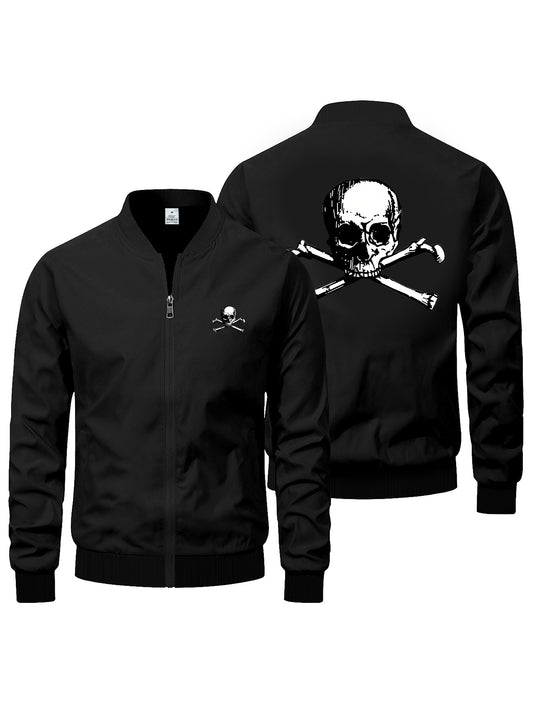 Men'S Trendy Skull & Crossbones Bomber Jacket - Slim Fit, Zip-Up Casual Fall/Winter Coat with Stand Collar & Pockets, Black, Casual Outerwear | Edgy Print Jacket | Zippered Jacke