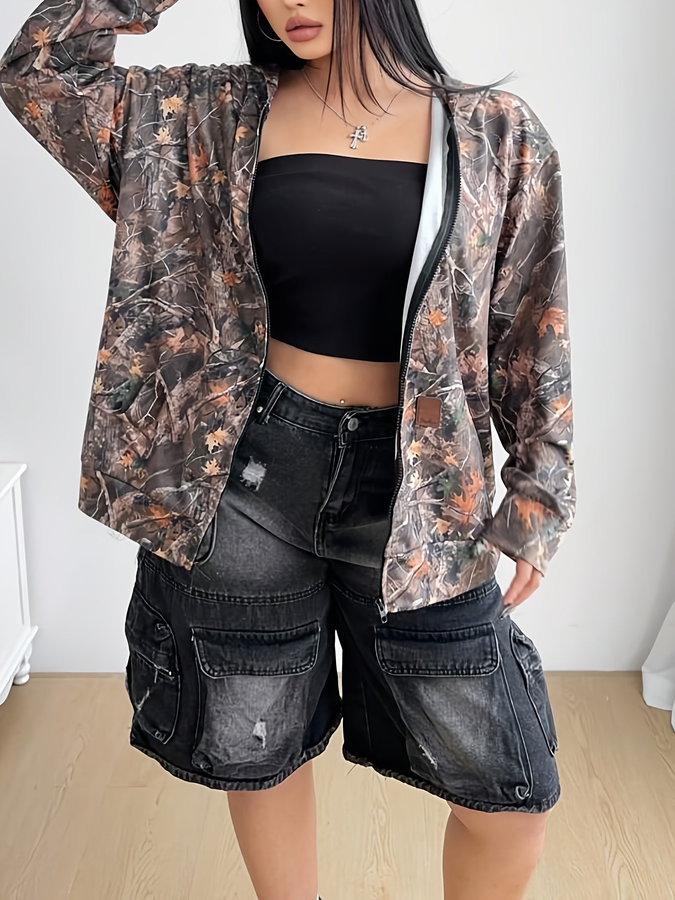 [Trendy Plus Size Hooded Jacket] Plus Size Women's Oversized Zip-Up Hooded Jacket | Brown/Black/Gray Camouflage Print, Front Zipper Closure, All-Season Outdoor & Streetwear Coat - Machine Washable, Versatile Layering, Comfort