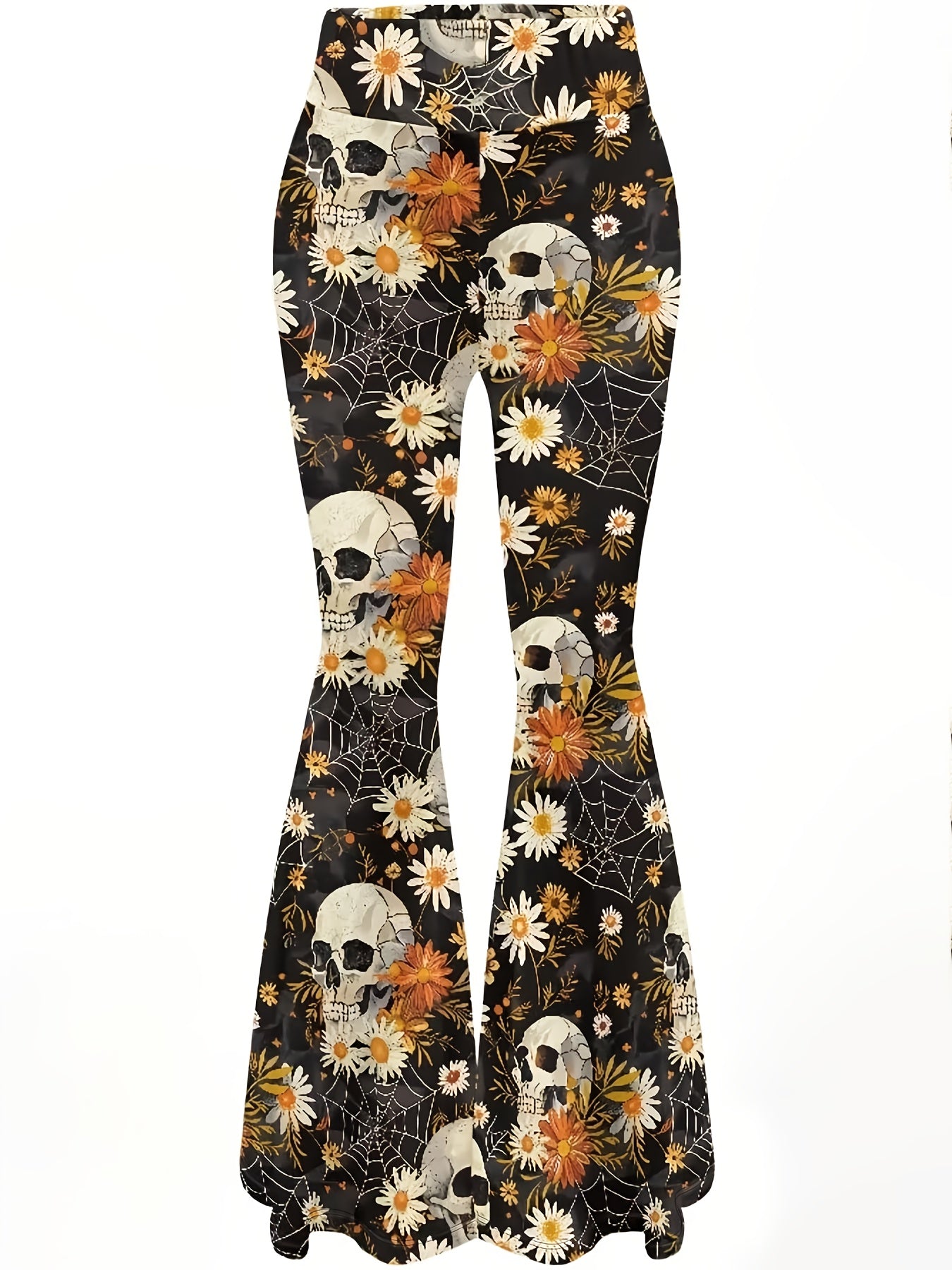 Women'S Gothic Floral pants - High-Waisted Stretchy Flare Leg Pants with Bell Bottoms, Black/Orange/White Floral Print - Edgy Y2K Outfit for Concerts, Parties, Casual Attire - All-Season Stretch Jeans, Party Attire, Comfortab
