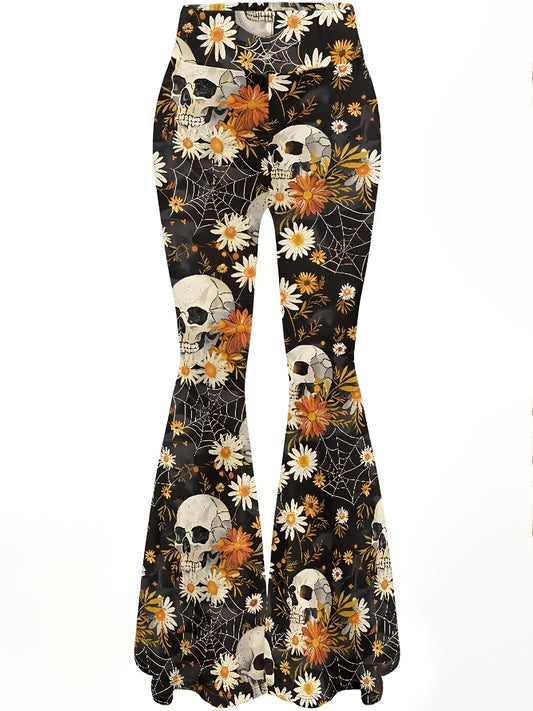 Women'S Gothic Floral pants - High-Waisted Stretchy Flare Leg Pants with Bell Bottoms, Black/Orange/White Floral Print - Edgy Y2K Outfit for Concerts, Parties, Casual Attire - All-Season Stretch Jeans, Party Attire, Comfortab