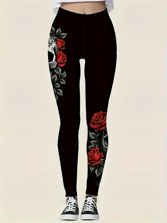 Women'S Halloween Leggings - Black with Red Roses, Stretchy Non-Slip Pants for Halloween Party Outfits, Costume Events & Casual Attire - All-Season Tight Fit Pants, Halloween Clothes, Festive Attire, Vintage Style, Durable Ma