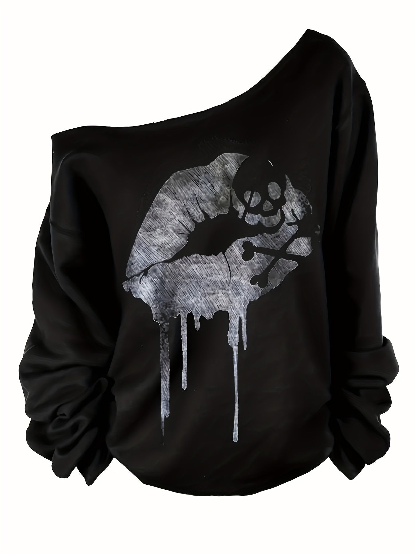 Halloween Skull and Lips Print Long Sleeve T-Shirt for Women - Casual Polyester Knit Fabric, Asymmetrical Shoulder, Regular Fit, Fall/Winter Fashion Top