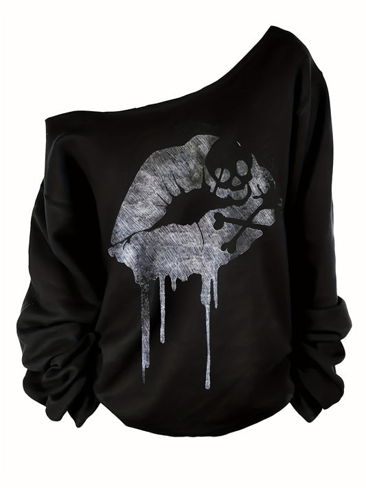 Halloween Skull and Lips Print Long Sleeve T-Shirt for Women - Casual Polyester Knit Fabric, Asymmetrical Shoulder, Regular Fit, Fall/Winter Fashion Top