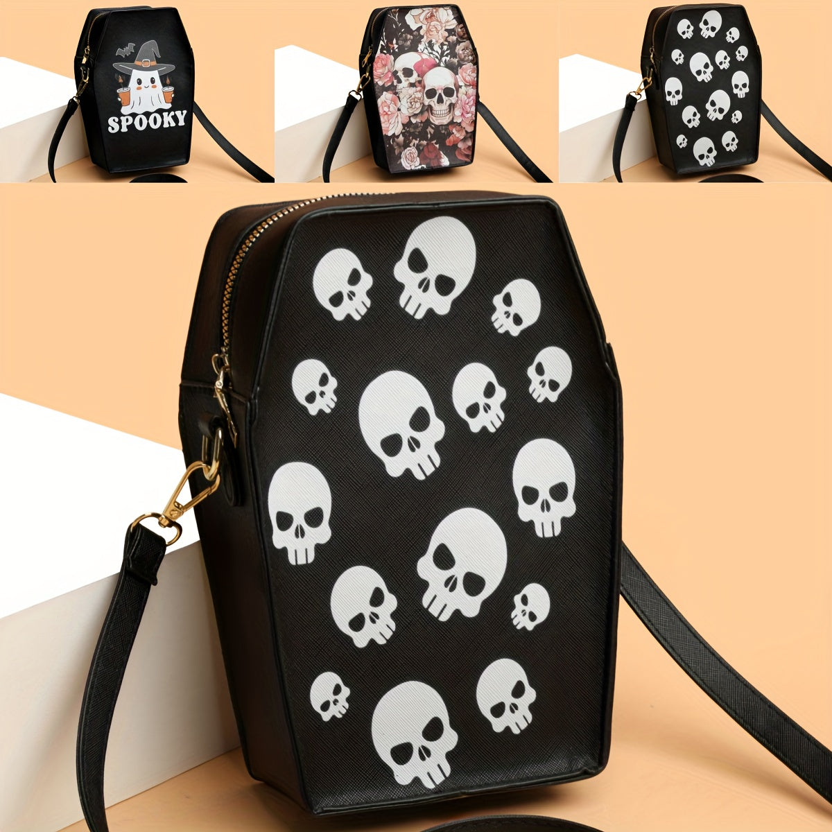 MINI Halloween Skeleton Coffin Women's Crossbody Bag, Thriller Horror Square Purse Black Punk Style Shoulder Handbag for Spooky Party Evening Event Cell Phone Pouch Lipstick Makeup Cosmetic Daily Street Shopping Movie Fan Gif
