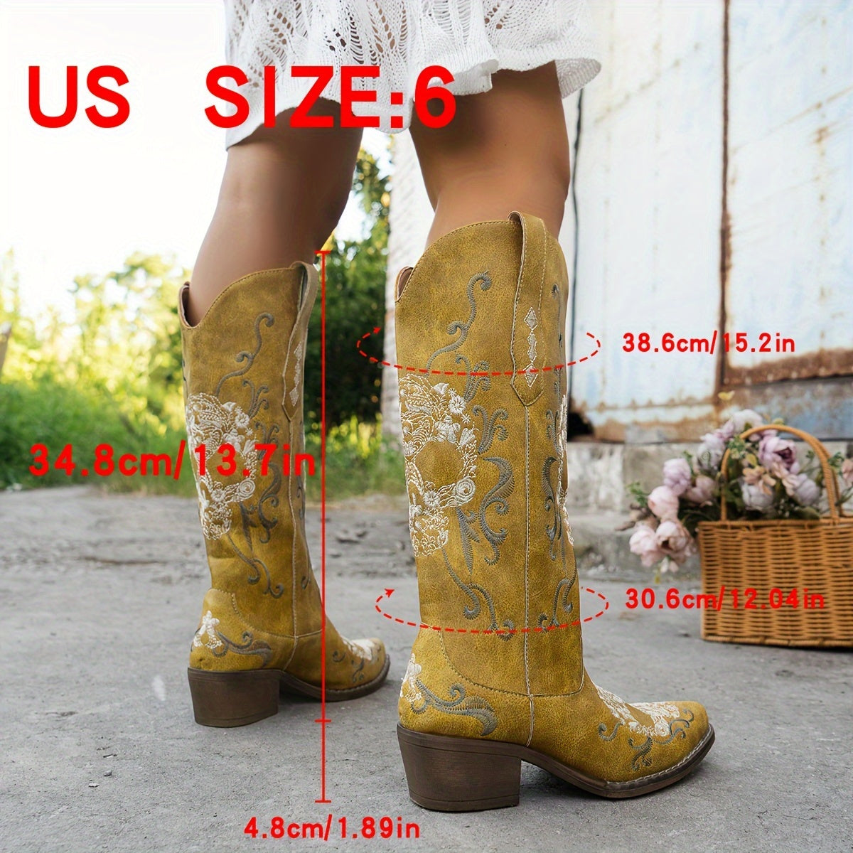 Women's Retro Embroidered Skull Western Cowboy Boots - Slip-On Chunky Mid-Heel Square Toe, Faux Cover & TPR Outsole, All-Season Comfort for Halloween, Casual & Themed Events, Cowboy Accessories, Themed Event Footwear, Durable