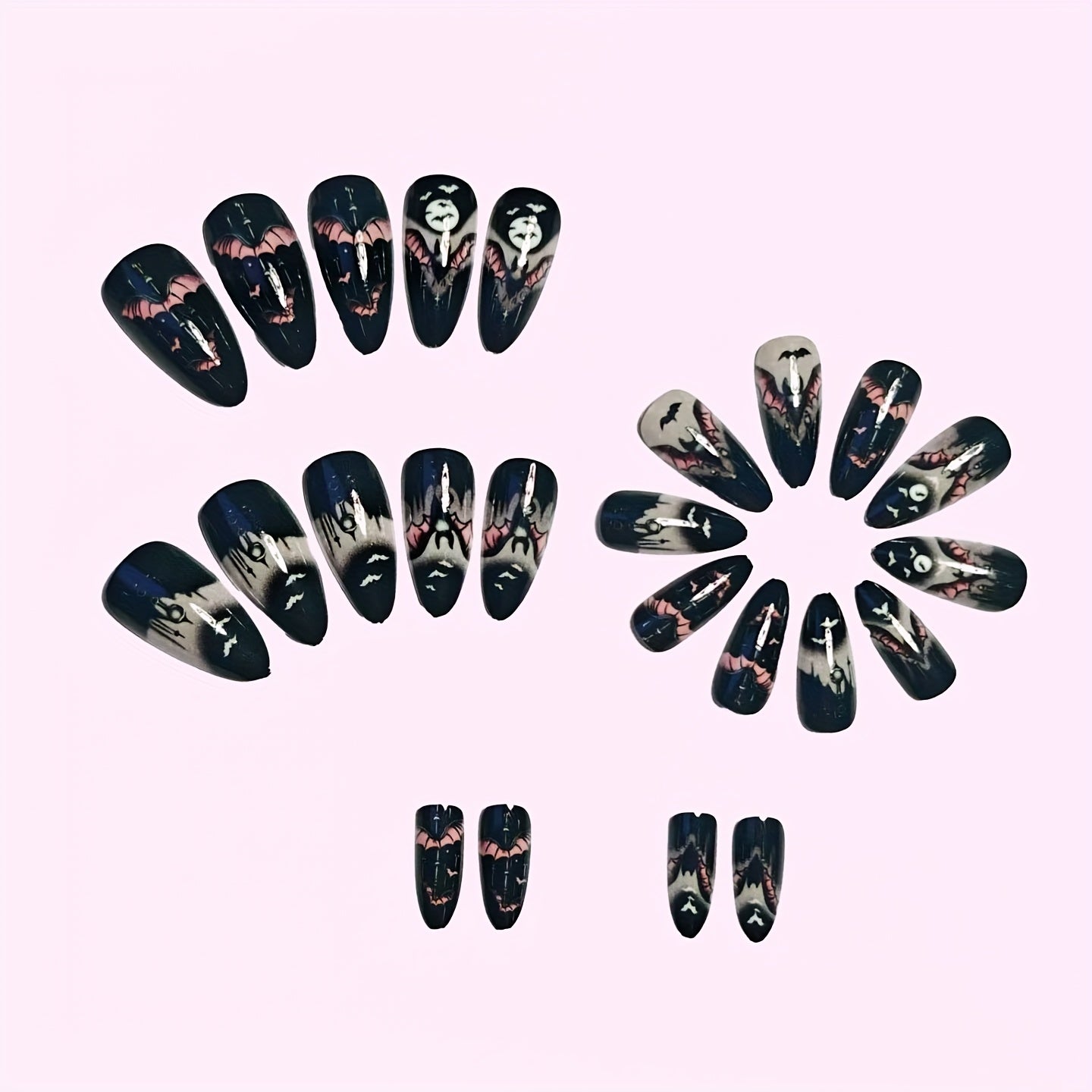 24pcs Halloween Moonlit Bat Nail Art Set: "Moonlit Night" Atmosphere, "Bat Shock" Highlighting Halloween Elements and Thrill Wearable Removable Nail Extensions