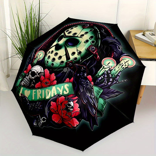 Jason Voorhees Inspired Automatic Folding Umbrella - Horror Movie Design with Jason, Friday the 13th, Halloween - Compact Travel Umbrella, Durable 8-Rib Shaft, Automatic Open/Close, Perfect Gift for Horror Fans & Jason Voorhe