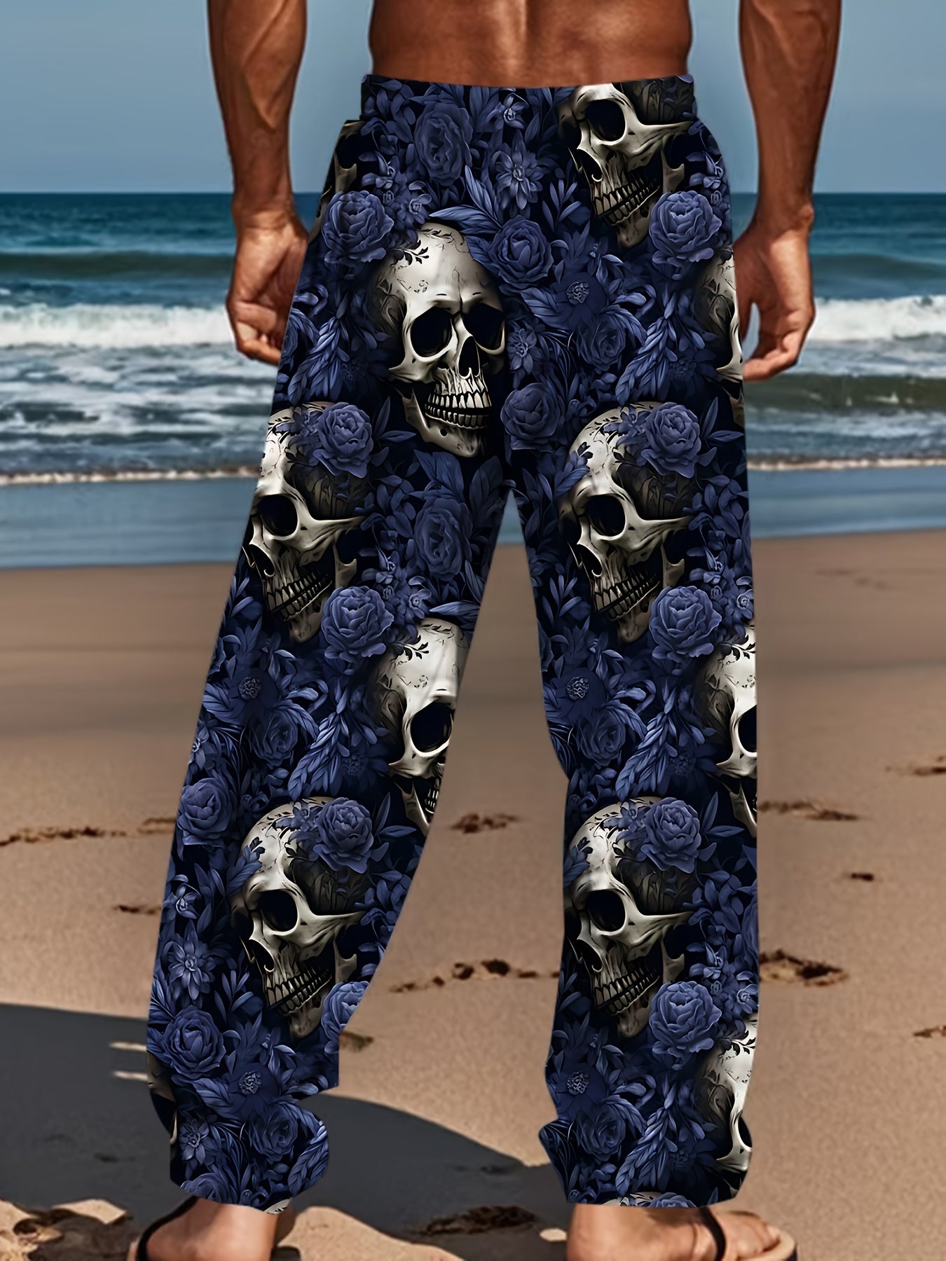 [Skull Print Joggers] Black Golden Skulls Men's Loose Fit Joggers | Comfortable Retro Style, Straight Leg, Drawstring Waist, Casual, Fall & Winter Comfort Wear