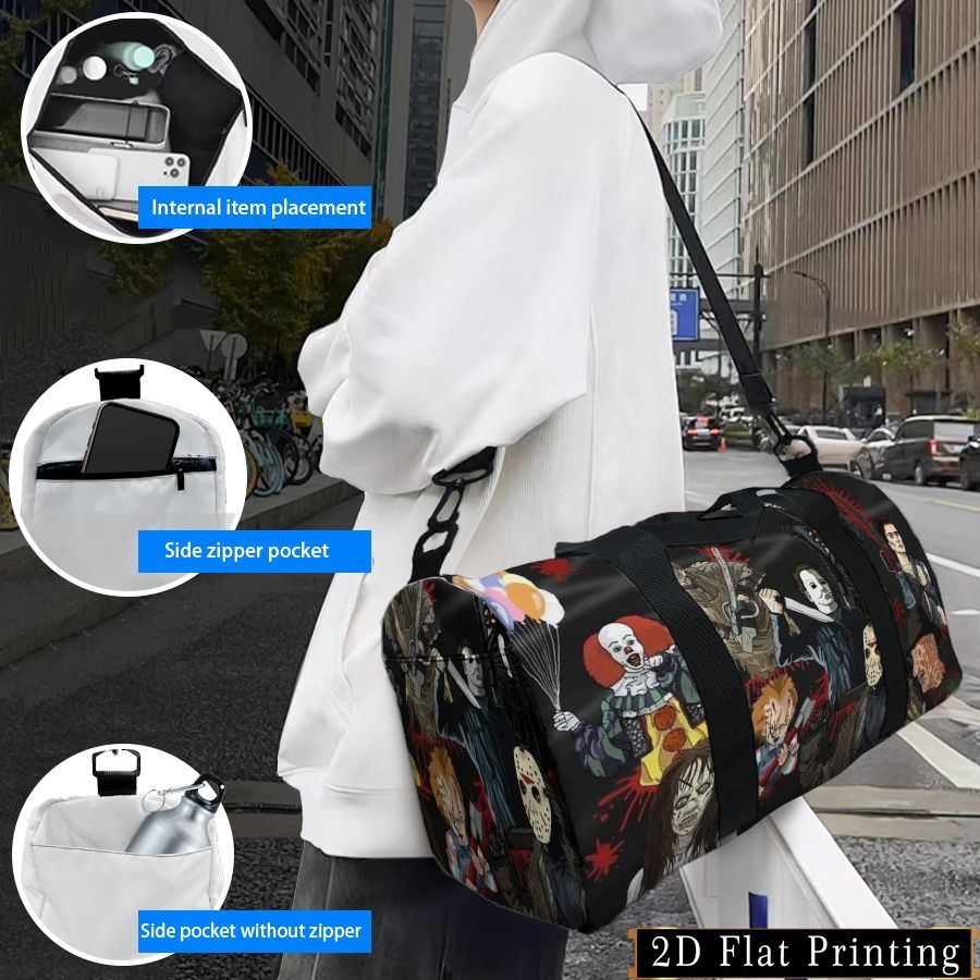 Large Capacity Travel Organizer Bag - Durable, Easy-to-Carry Luggage with 2D Flat Print Design for Sports & Airline Check-in, Multi-Functional Hand Washable or Dry Cleanable Storage Pouch Featuring Horror Movie Characters, 2D