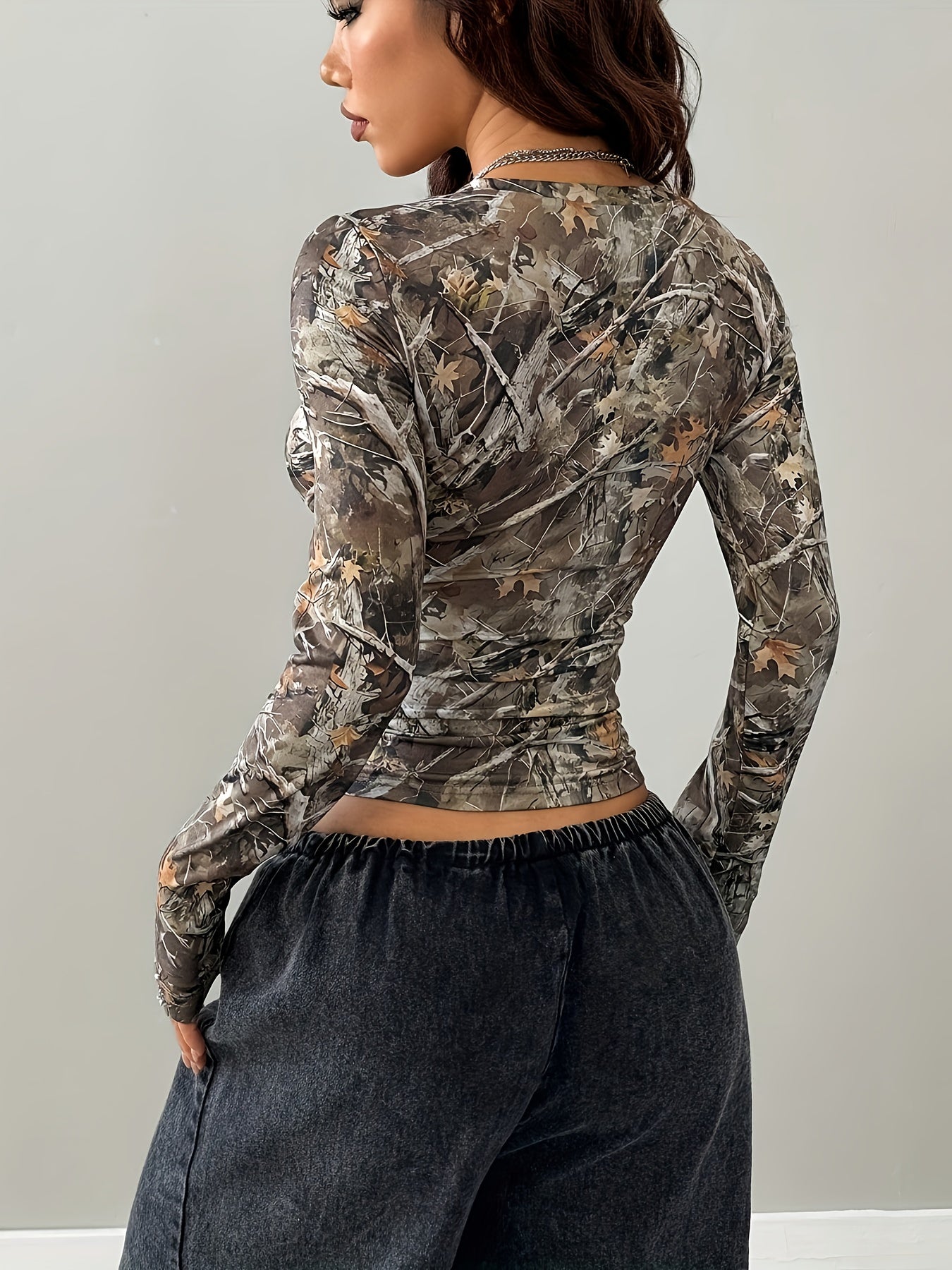 Women'S Slim Fit V-Neck Long Sleeve T-Shirt with Camouflage Branch Pattern - Stretchy Blend, Casual & Stylish Top for Casual Attire, Allseason Apparel | Vneck Top | Stretchy Fabric