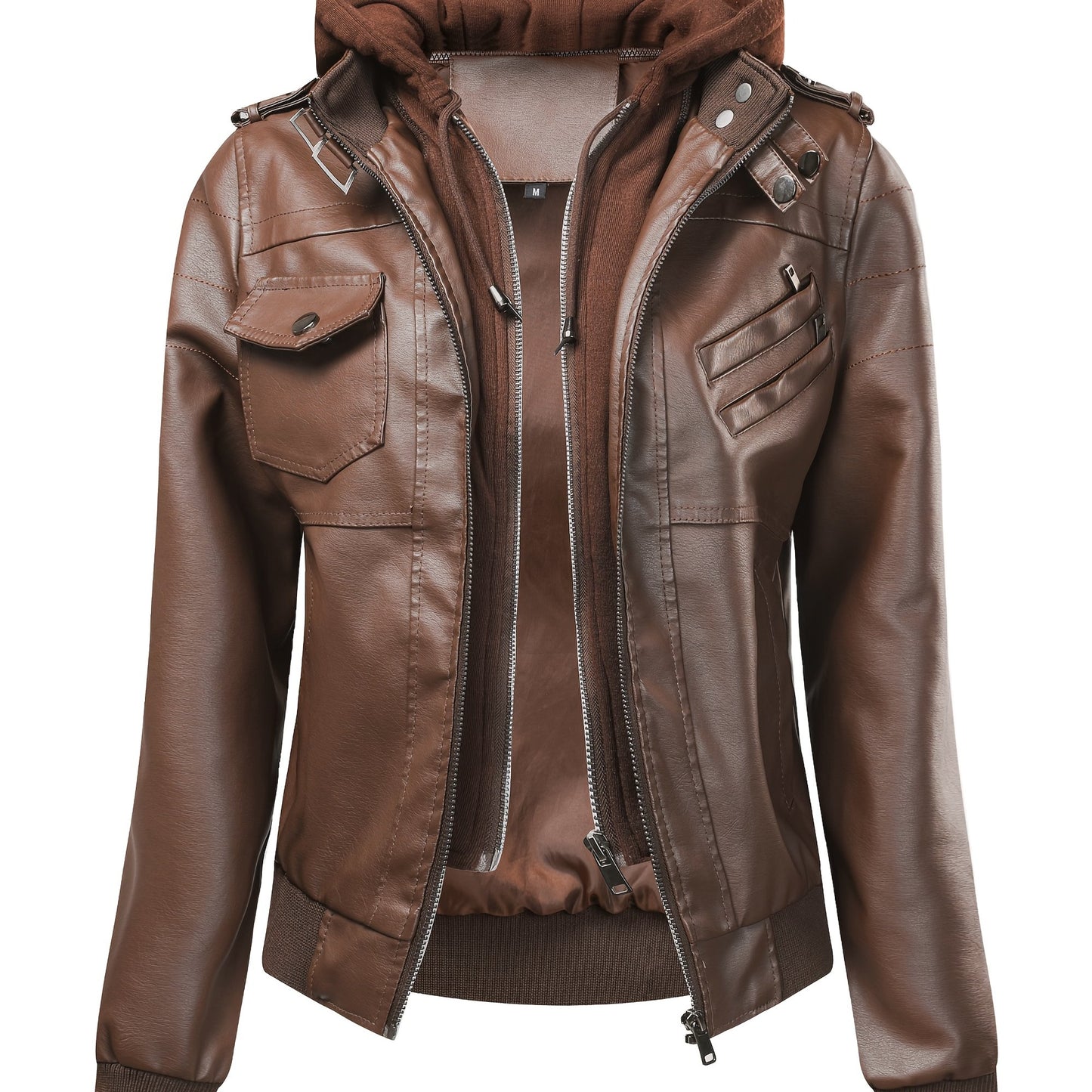 [Black Hooded Jacket] Casual Black Women's Hooded Jacket | Faux Two-Piece Design, Zippered Pockets & Adjustable Straps | for Spring/Fall Outfits, Motorcycle Style