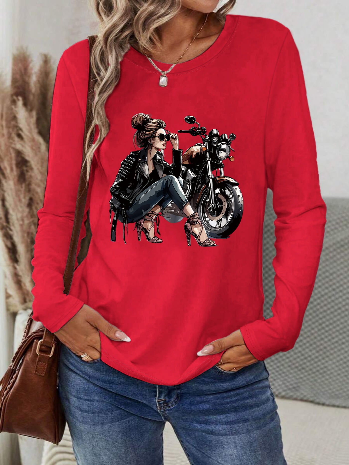 [Vibrant Yellow T-Shirt] Vibrant Yellow Women's Motorcycle Graphic Long Sleeve T-Shirt | Casual Round Neck Spring Summer Top with Geometric Print, Machine Washable, Relaxed Fit, Durable