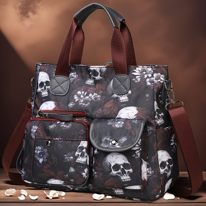 Perfect Lily Women's Punk Style Skull & Floral Print Crossbody Tote Bag - Red/Blue Nylon Multi-Pocket Handbag with Detachable Adjustable Shoulder Strap, Zipper Closure & Polyester Lining for Daily Commute, Work, Casual Outing