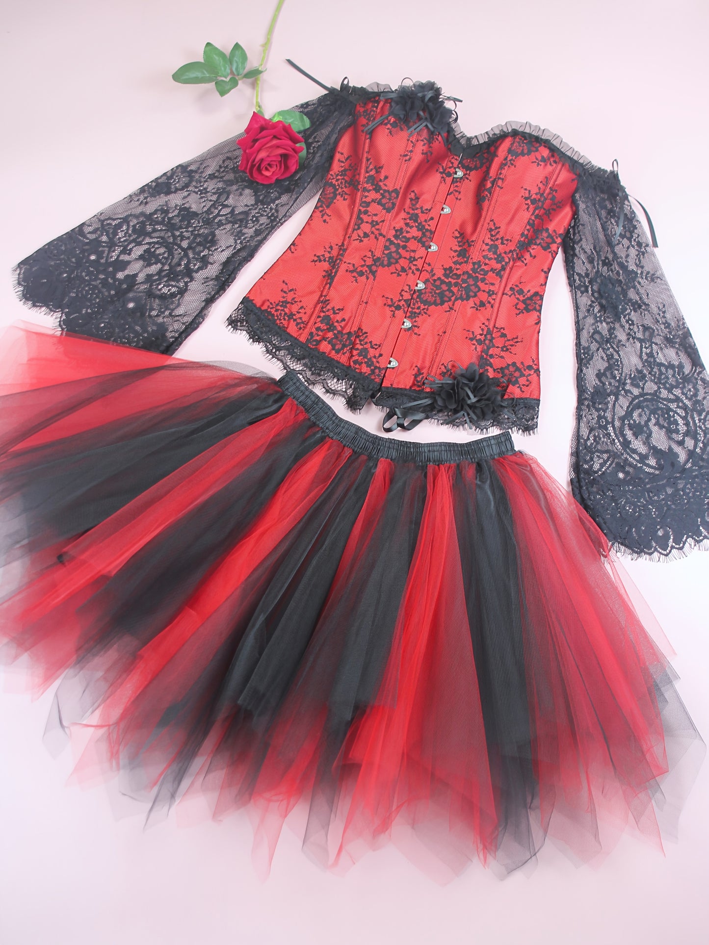 [Halloween Costume Set] Halloween Vampire Witch Costume Set, Dark Gothic Victorian Style Lace Long Sleeve Corset + Black Lolita Style TUTU Skirt, Day of the Dead Party Outfit