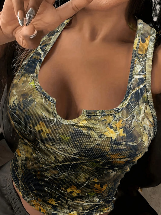 Women'S Camouflage Print Sleeveless Tank Top - Deep V-Neck Ribbed, Stretchy & Breathable Summer Casual Wear, Sleeveless Top|Camouflage Pattern Top|Stretchy Fabric