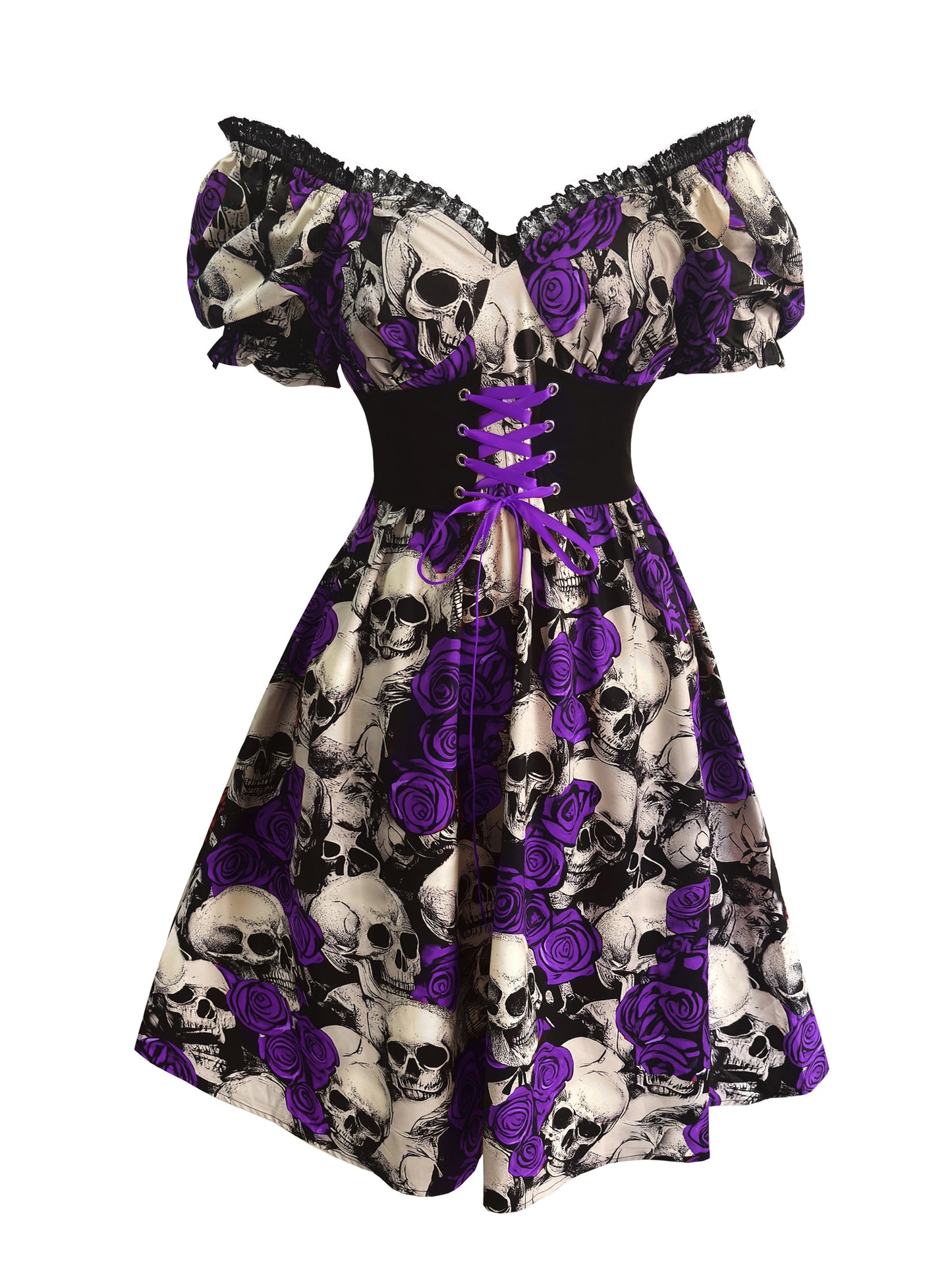 Women's Gothic Y2K Skull & Rose Print Gothic Victorian-Style Dress with Ruffled Hem & Spaghetti Strap - Lace-like Sleeve Neckline, Corset Back Closure, Machine Washable - Elegant Party Outfit for Halloween, Day of the Dead, T