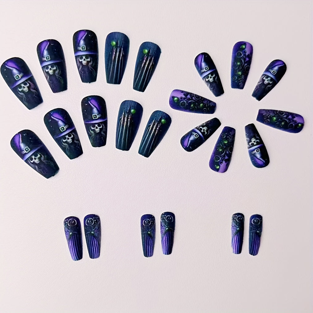 [24pcs Halloween Nail Art Set] 24pcs Halloween Nail Art Set - Spooky Witch Hat, Broomstick & Skull Design with Green Bubble Accents, Removable Ballet Nails for Festive Manicure