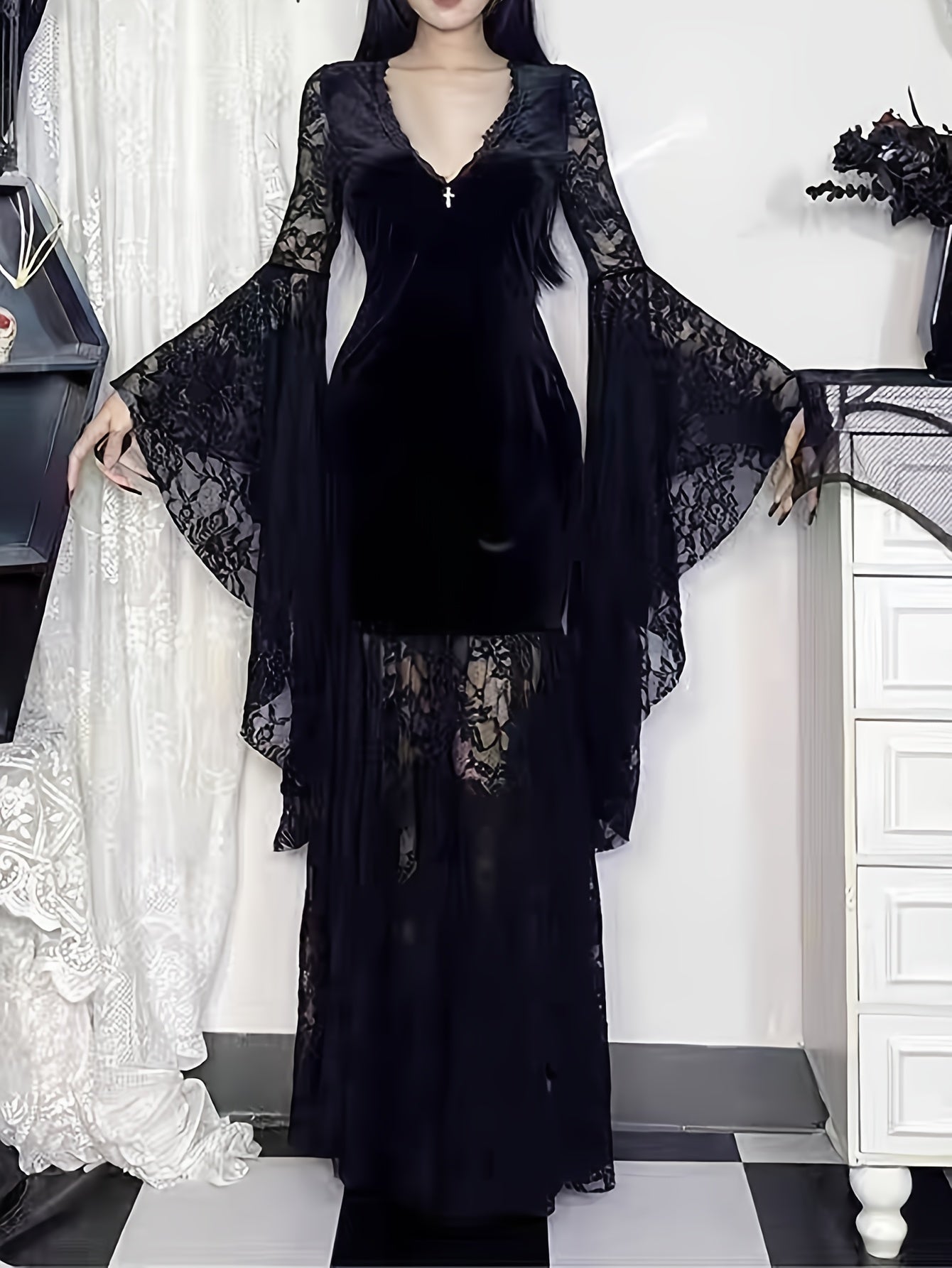 Women's Gothic Dark Halloween Long Dress with Contrast Lace and Velvet Patchwork, Sexy Niche Flared Sleeve Unique Design