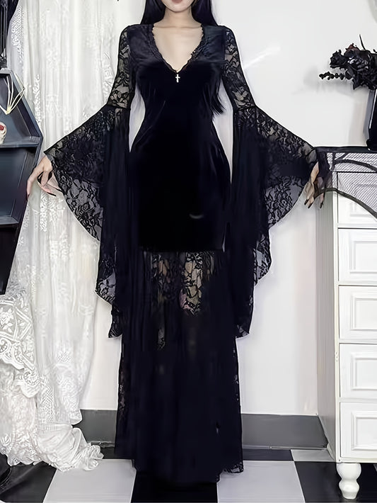 Women's Gothic Dark Halloween Long Dress with Contrast Lace and Velvet Patchwork, Sexy Niche Flared Sleeve Unique Design