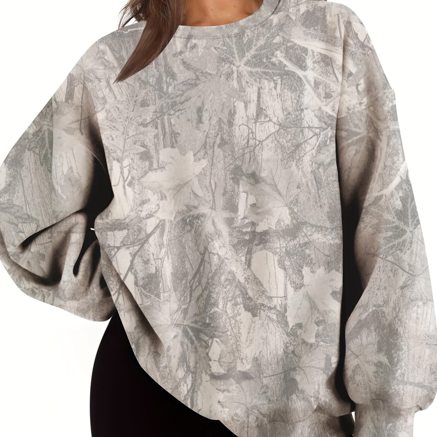 Women'S Oversized Camo Sweatshirt - Long Sleeve, Loose Fit, Green & Black Leaf Pattern, Casual Pullover with Ribbed Cuffs, All-Season Comfort, Casual Wear | Relaxed Fit Top | Construction, Sweater Hoodie