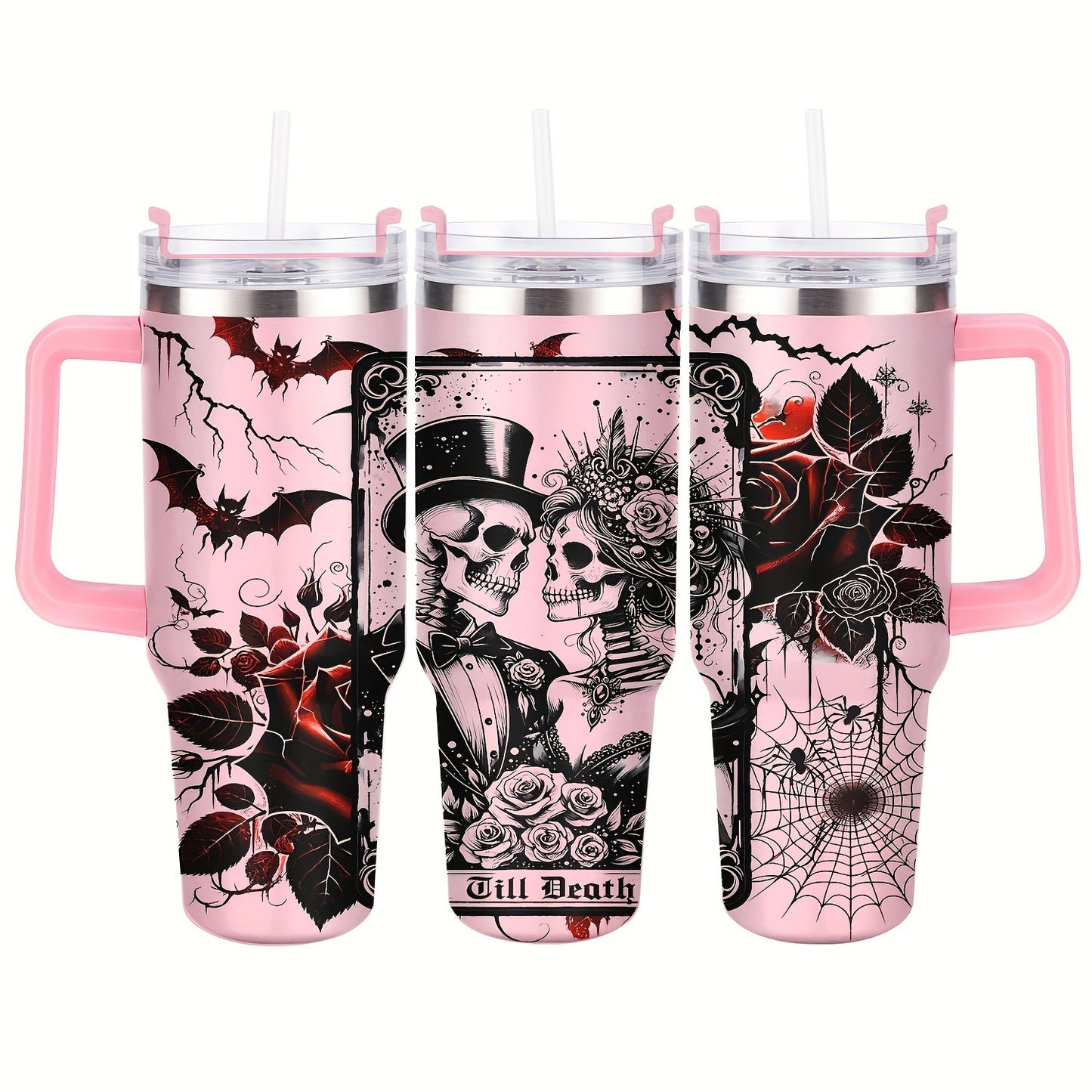 40oz Stainless Steel Tumbler with Lid - Halloween Skeleton Bride Design, Reusable & Hand-Wash Only, Perfect for Car Travel & Gifts