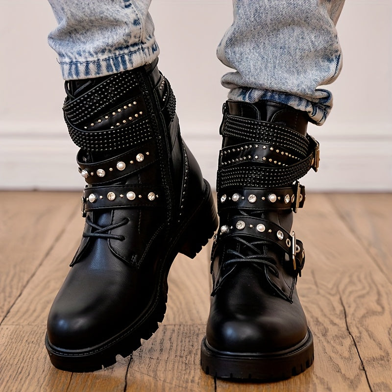 Women's Gothic Punk Motorcycle Boots - Lace-Up & Chain Zipper Closure, Thick Platform Sole with Metallic Studs, Chunky Mid-Heel, Faux Cover, All-Season Casual Ankle Boots (Black), Motorcycle Style Boots | Decorative Zipper Bo