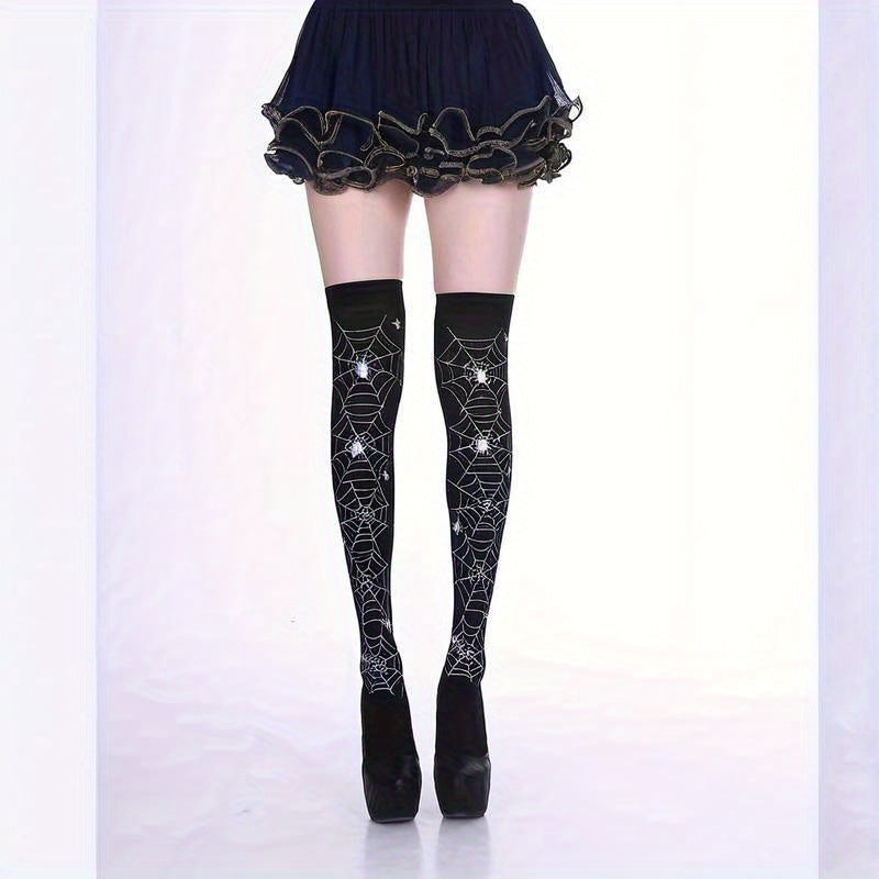 [Halloween-themed Women's socks] 3 pairs of Halloween-themed skull and bat full-body print funny Women's over-the-knee socks, soft, comfortable, tight and high-stretch socks, suitable for parties and daily wear