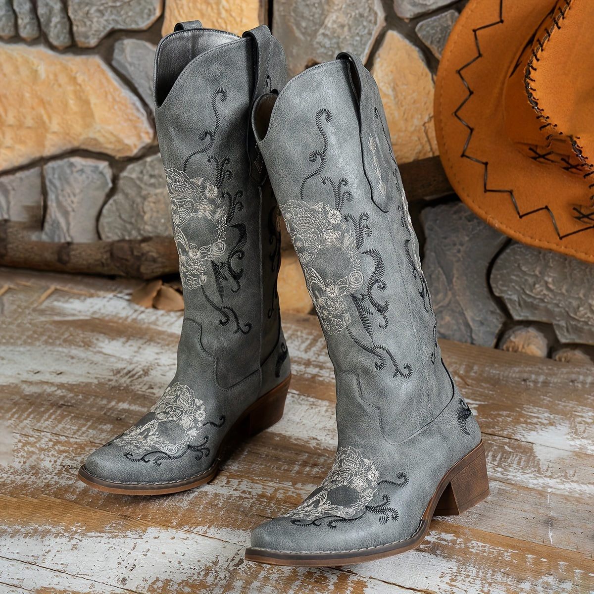 Women's Retro Embroidered Skull Western Cowboy Boots - Slip-On Chunky Mid-Heel Square Toe, Faux Cover & TPR Outsole, All-Season Comfort for Halloween, Casual & Themed Events, Cowboy Accessories, Themed Event Footwear, Durable