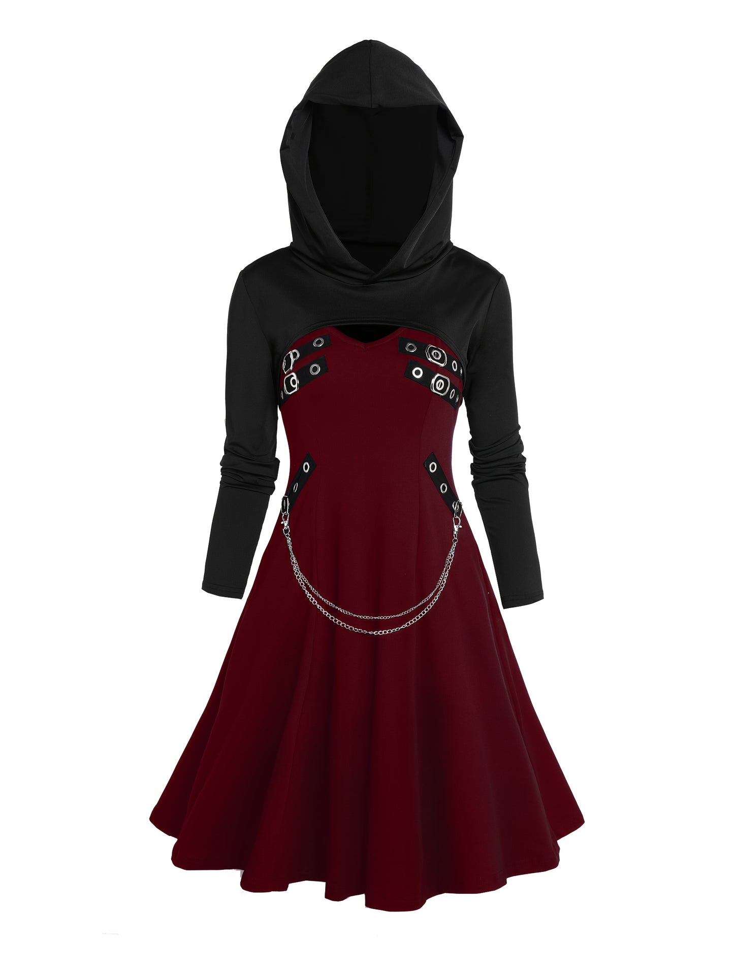 Unique Gothic Style Two-Piece Set: Rock Gothic Metal Piece Decorated V-Neck Vest Dress with Hooded Long Sleeve Top, Detachable Chain Vest Skirt and Curved Hem Caped Long Sleeve Shirt, Versatile Separates Women's Outfit for Pa