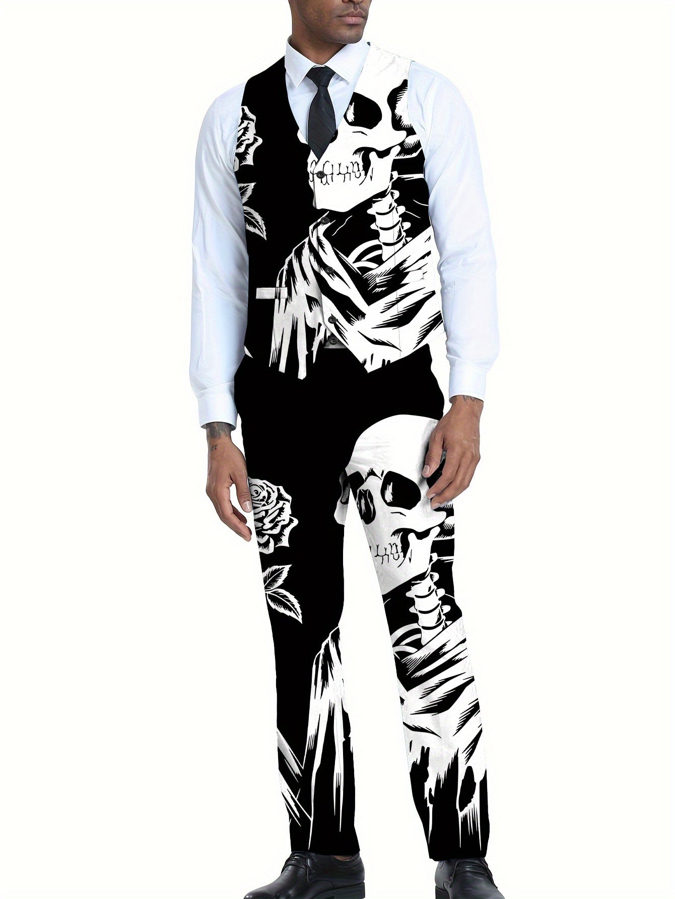 [Gothic Style Vest Set] 2pcs Men's Fashion Vest + Trousers Set | Black and White Double-Skeleton Element Rose Gothic Style Business Formal Printed Suit Vest and Pants Combination Digital Print Men's Dress Suit