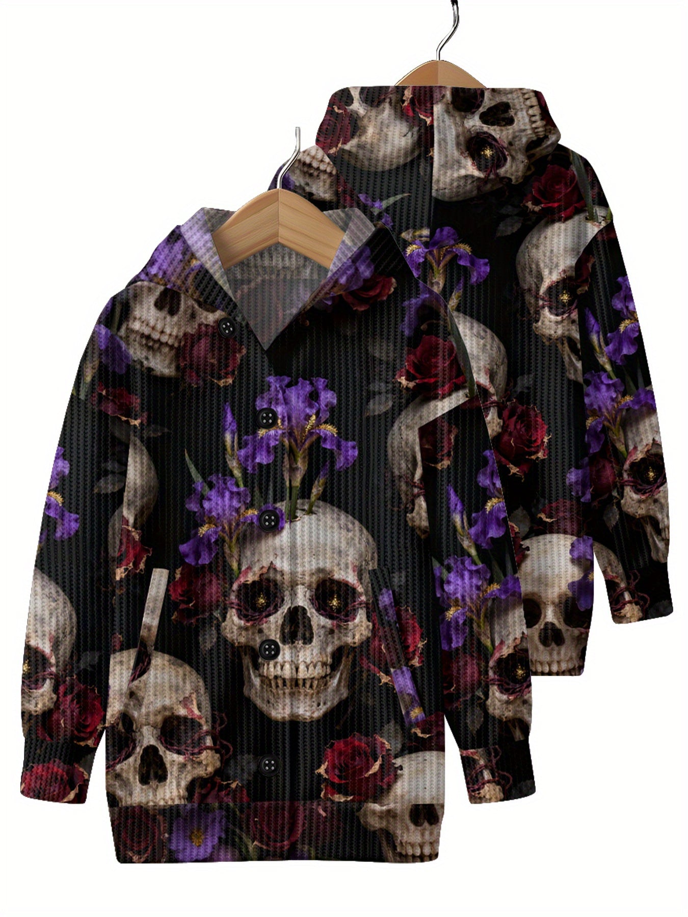 Women'S Gothic Victorian-Inspired Hooded Cardigan Sweater with Skull & Rose Pattern - Long Sleeve Loose Fit Button Front Closure, H-Line Silhouette, Split Hem - Cozy Fall Winter Outerwear for Halloween & Christmas, Casual to