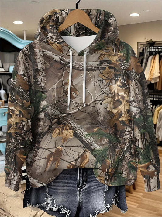 Women's Full-Coverage Camouflage Hooded Sweatshirt - Stretch Pullover Hoodie with Drawstring Hood & Long Sleeves, All-Season Outdoor Hunting & Hiking Apparel, Breathable Tactical Fashion Clothing in Green/Brown/Black/Gray/Bei