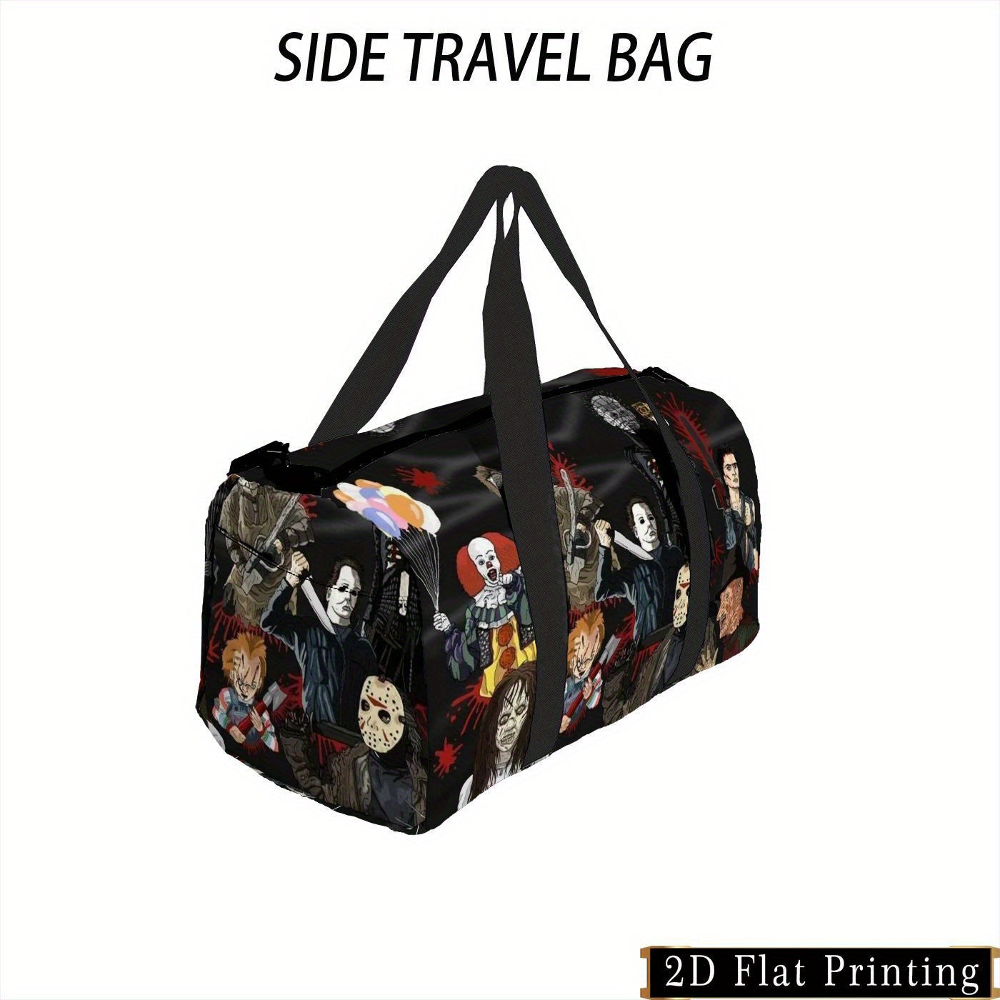 Large Capacity Travel Organizer Bag - Durable, Easy-to-Carry Luggage with 2D Flat Print Design for Sports & Airline Check-in, Multi-Functional Hand Washable or Dry Cleanable Storage Pouch Featuring Horror Movie Characters, 2D