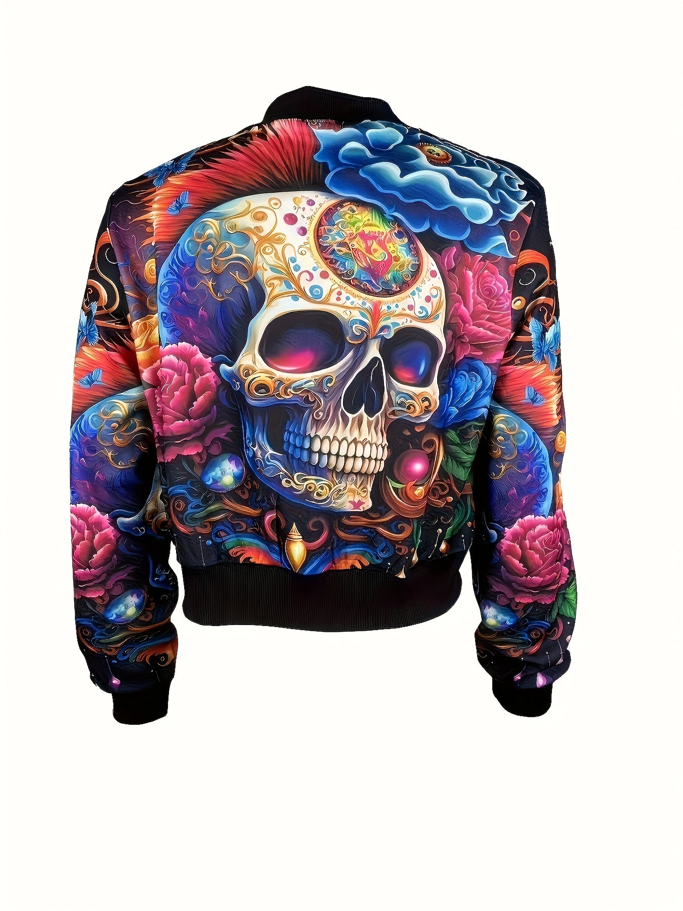 Women'S Gothic Skull Print Zip-Up Jacket - Vibrant Orange & Black Lantern Sleeve Casual Coat with Front Pockets, Perfect for Spring & Fall Fashion, Autumn Fashion Jacket | Vibrant Skull Design | Zippered Jacket
