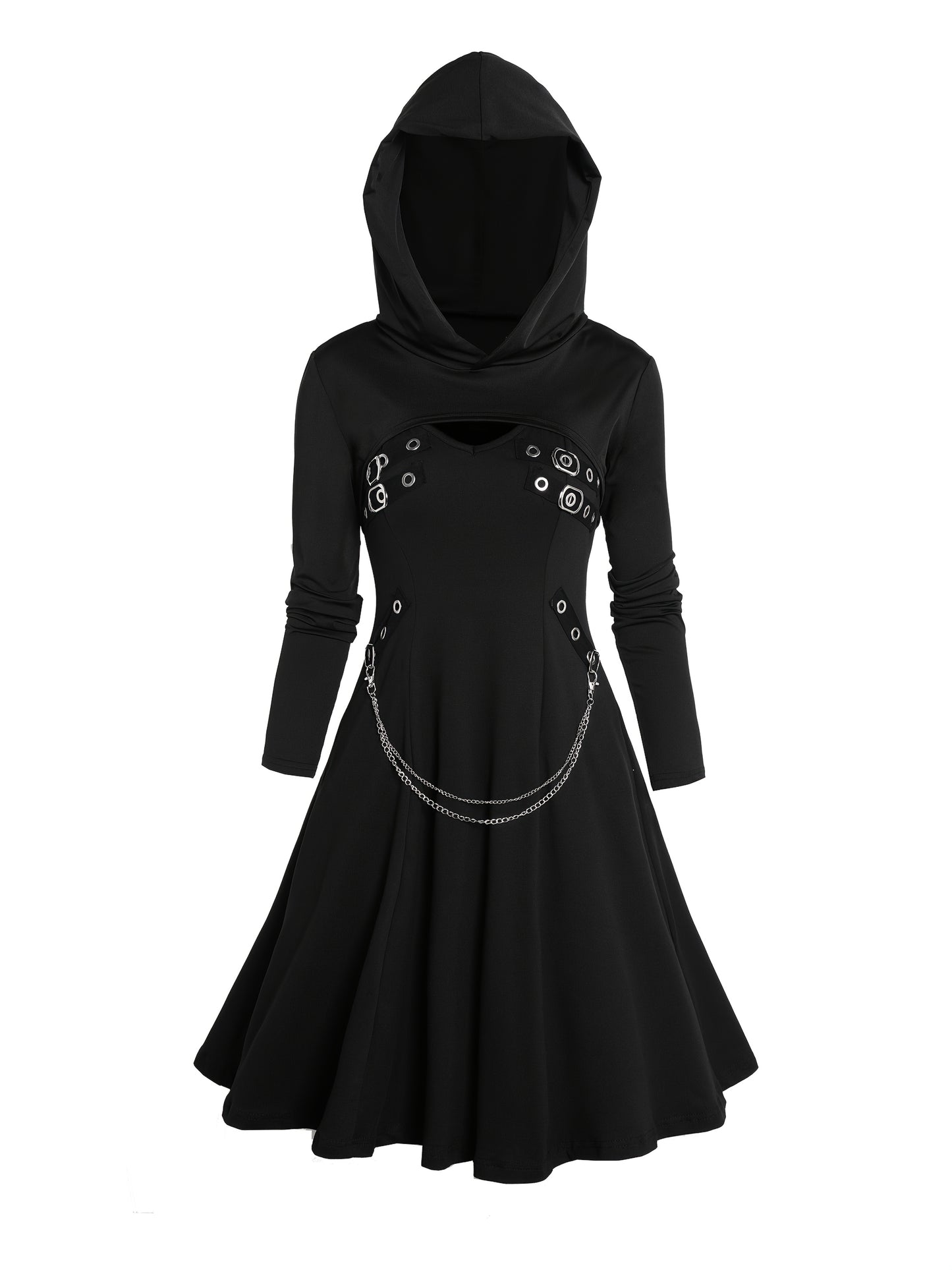 Unique Gothic Style Two-Piece Set: Rock Gothic Metal Piece Decorated V-Neck Vest Dress with Hooded Long Sleeve Top, Detachable Chain Vest Skirt and Curved Hem Caped Long Sleeve Shirt, Versatile Separates Women's Outfit for Pa
