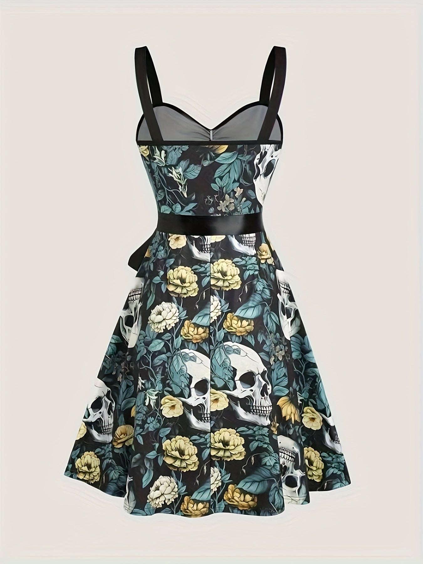 Women'S Floral Skull Print Pleated Bodice Sleeveless Summer Camisole Dress with Belt