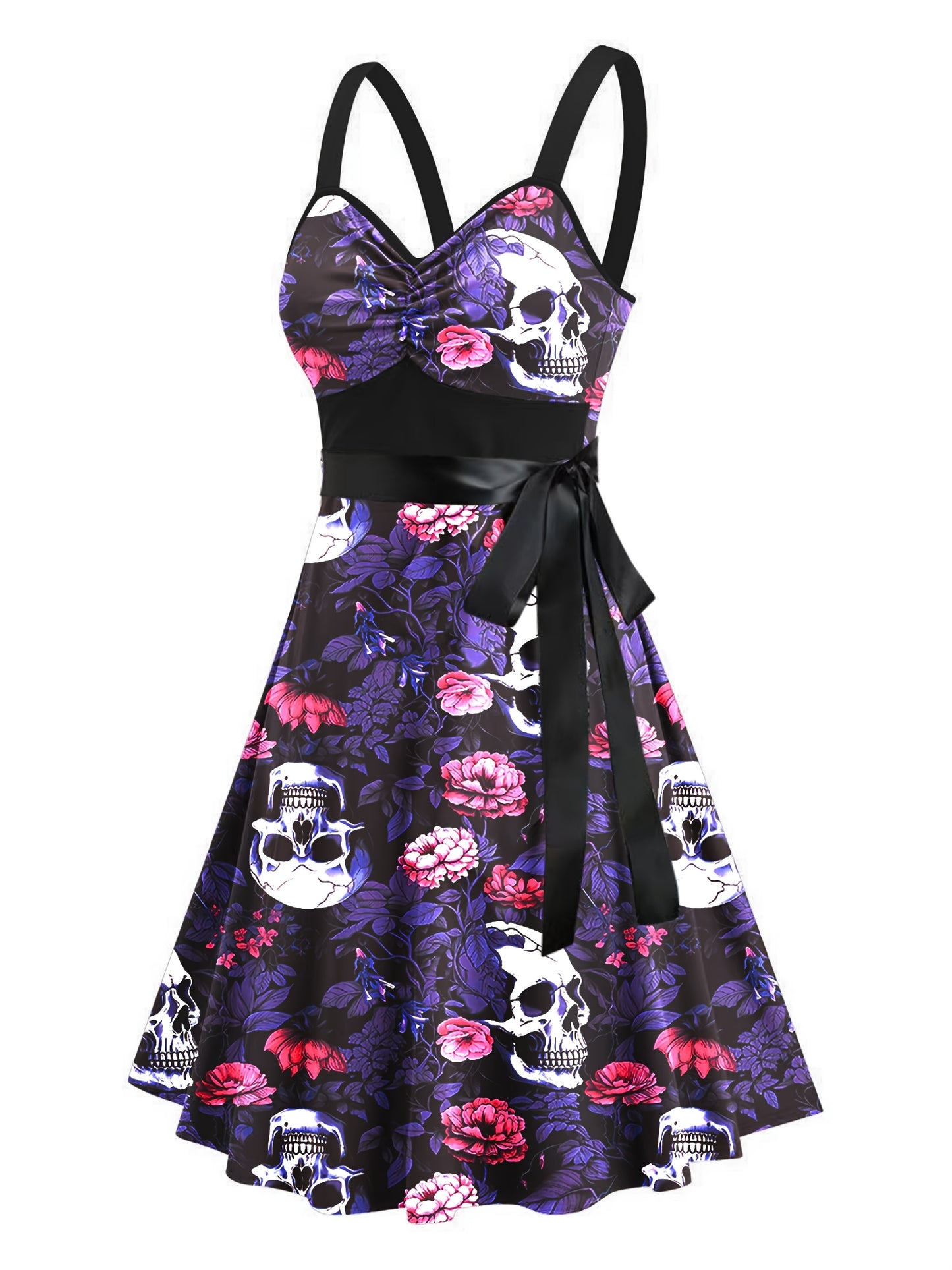 Women'S Floral Skull Print Pleated Bodice Sleeveless Summer Camisole Dress with Belt
