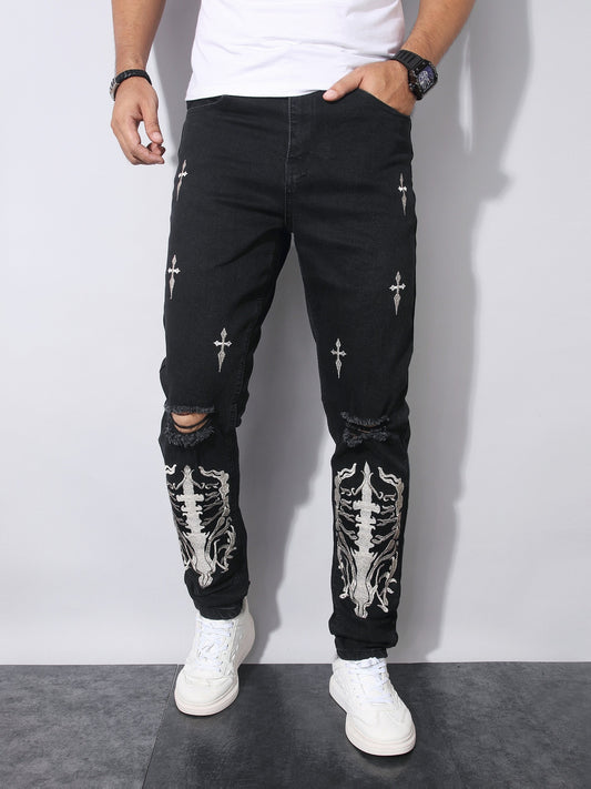 Men's Gothic Streetwear Distressed Black Slim-Fit Trousers with White Skull & Cross Print - All-Season Stretch Jeans for Casual & Statement Outfits, Gothic Pants For Men, Horror Pants For Men, Hip Hop Pants For Men, Printed T