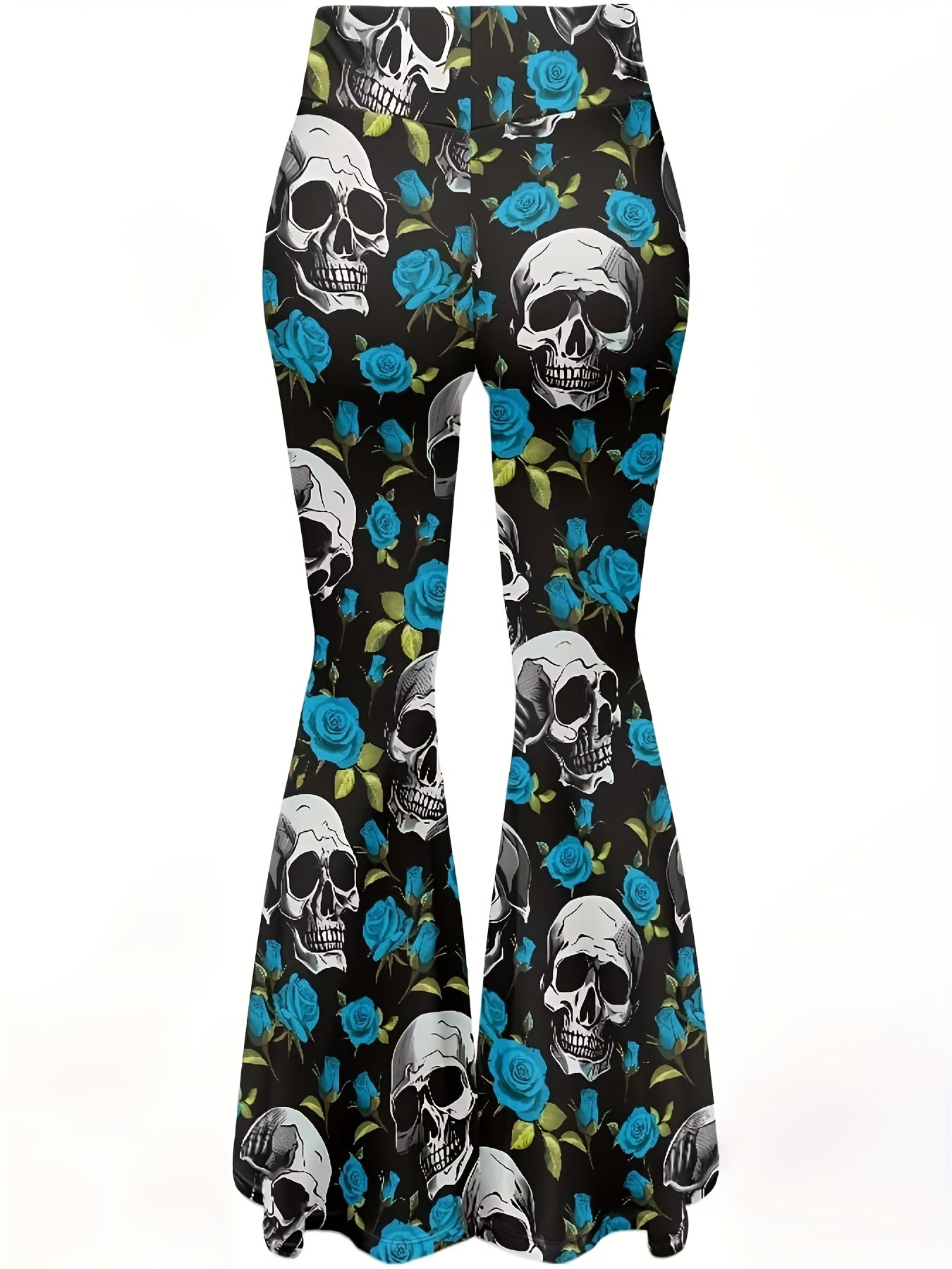 Women'S Gothic Punk Rock Pants - High-Waisted Flared Leggings with Skull & Floral Print, Stretchy Non-Slip Trousers for Concerts, Parties, Everyday - Edgy Gothic Outfit Essentials (All-Season Fit), Goth Leggings, Party Attire