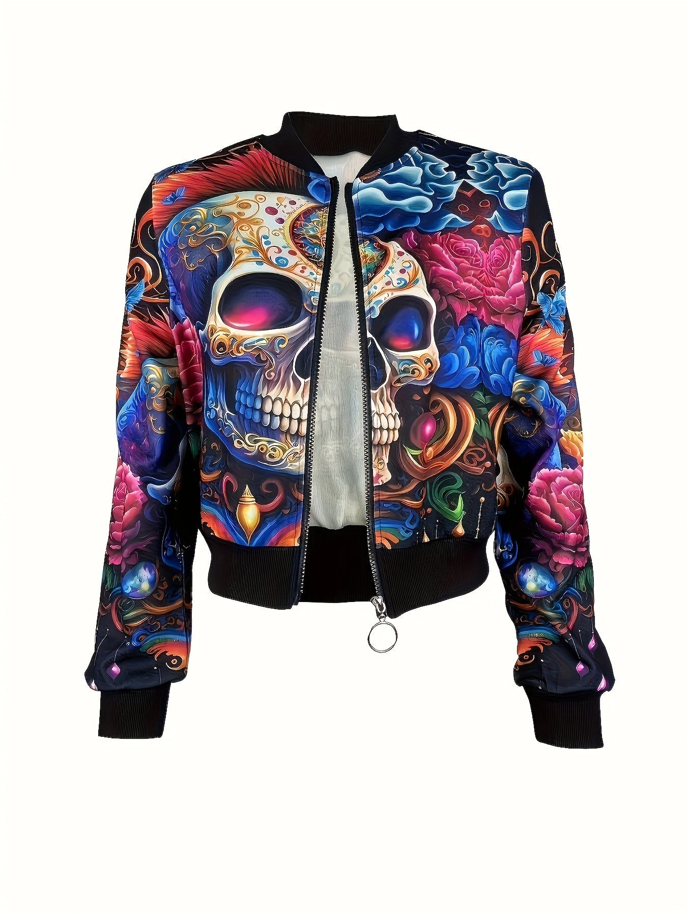 Women'S Gothic Skull Print Zip-Up Jacket - Vibrant Orange & Black Lantern Sleeve Casual Coat with Front Pockets, Perfect for Spring & Fall Fashion, Autumn Fashion Jacket | Vibrant Skull Design | Zippered Jacket