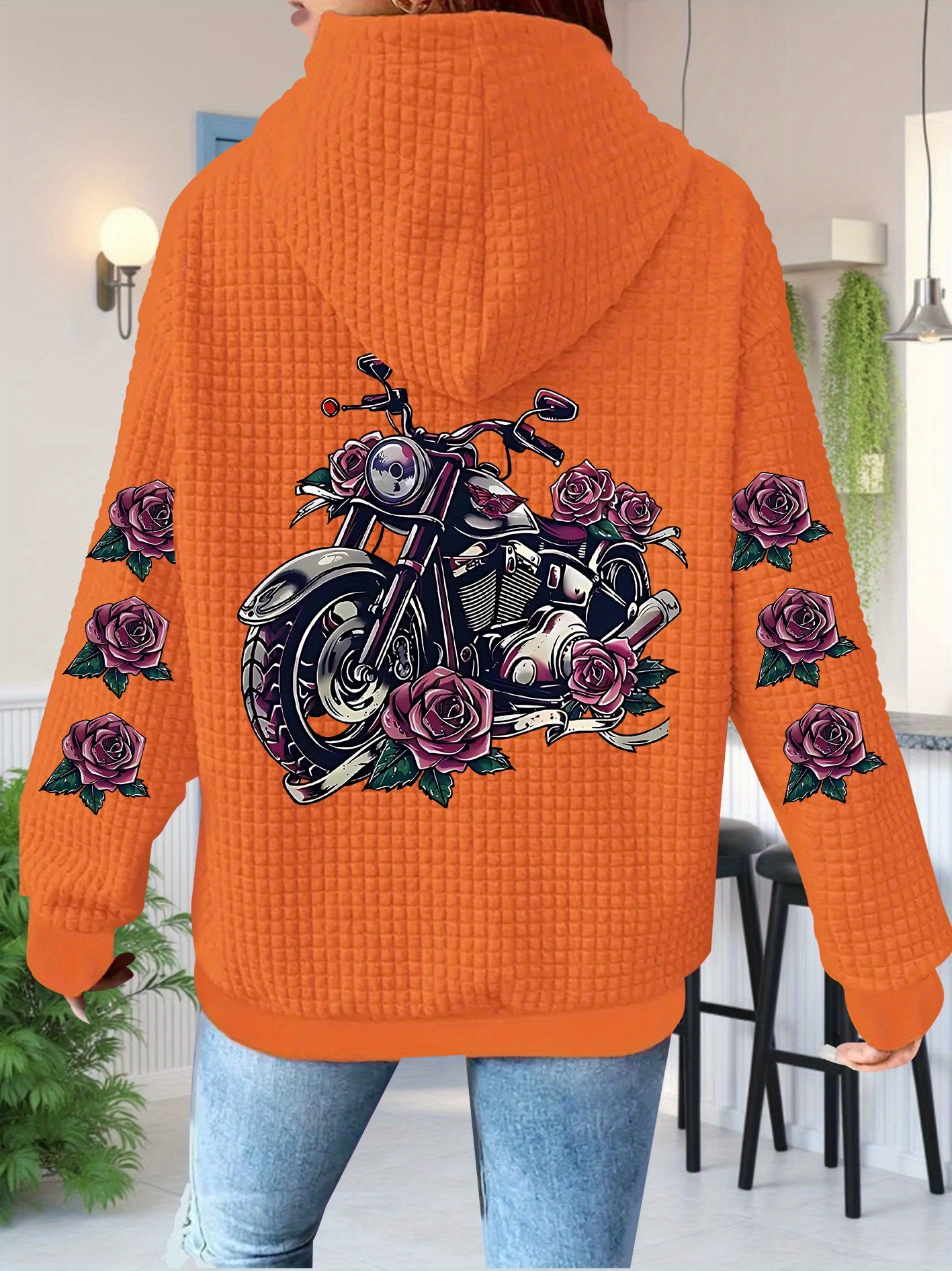 [Floral Motorcycle Hoodie] Polyester Women's Motorcycle & Rose Graphic Zip-Up Hoodie - Black with Pink Floral Accents, Full-Zip Closure Hooded Sweatshirt, Machine Washable Pullover for Everyday & Themed Events, Motorcycle Gea