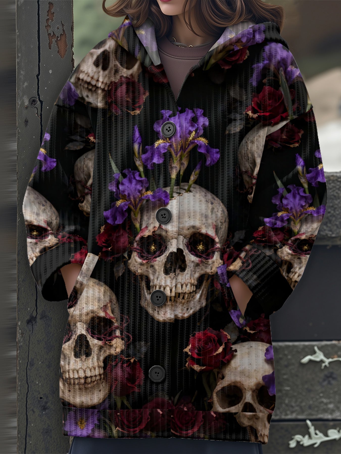 Women'S Gothic Victorian-Inspired Hooded Cardigan Sweater with Skull & Rose Pattern - Long Sleeve Loose Fit Button Front Closure, H-Line Silhouette, Split Hem - Cozy Fall Winter Outerwear for Halloween & Christmas, Casual to