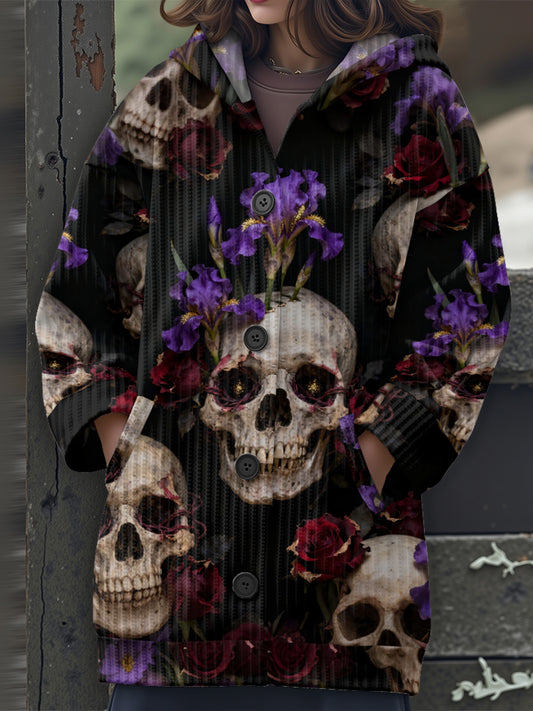 Women'S Gothic Victorian-Inspired Hooded Cardigan Sweater with Skull & Rose Pattern - Long Sleeve Loose Fit Button Front Closure, H-Line Silhouette, Split Hem - Cozy Fall Winter Outerwear for Halloween & Christmas, Casual to