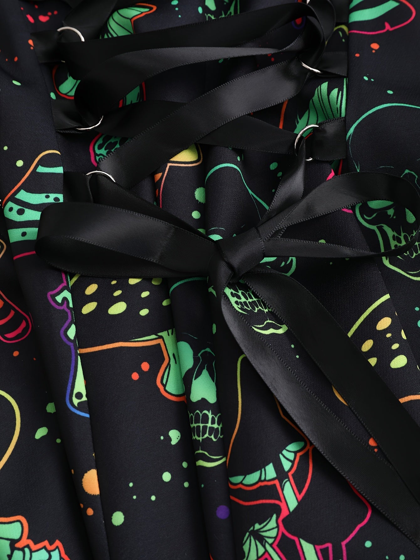 Women'S Casual Skull and Mushroom Print Zipper Dress with Strapless Collar and Tie Detail, 100% Polyester, All-Season Slip, Woven Fabric, 190 g/m² - Perfect for Adult